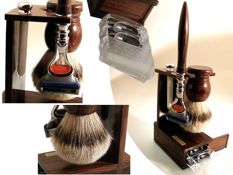 Set da barba ROSENHOLZ DR. DITTMAR pennello pelo di tasso punta d'argento rasoio pietra d'allume