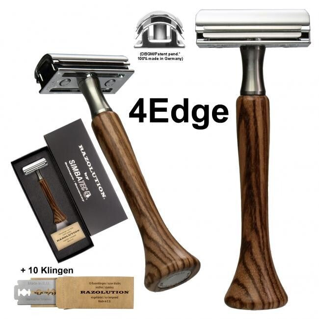 4Edge barberhøvel Zebranotre-håndtak RAZOLUTION laget i Solingen Tyskland