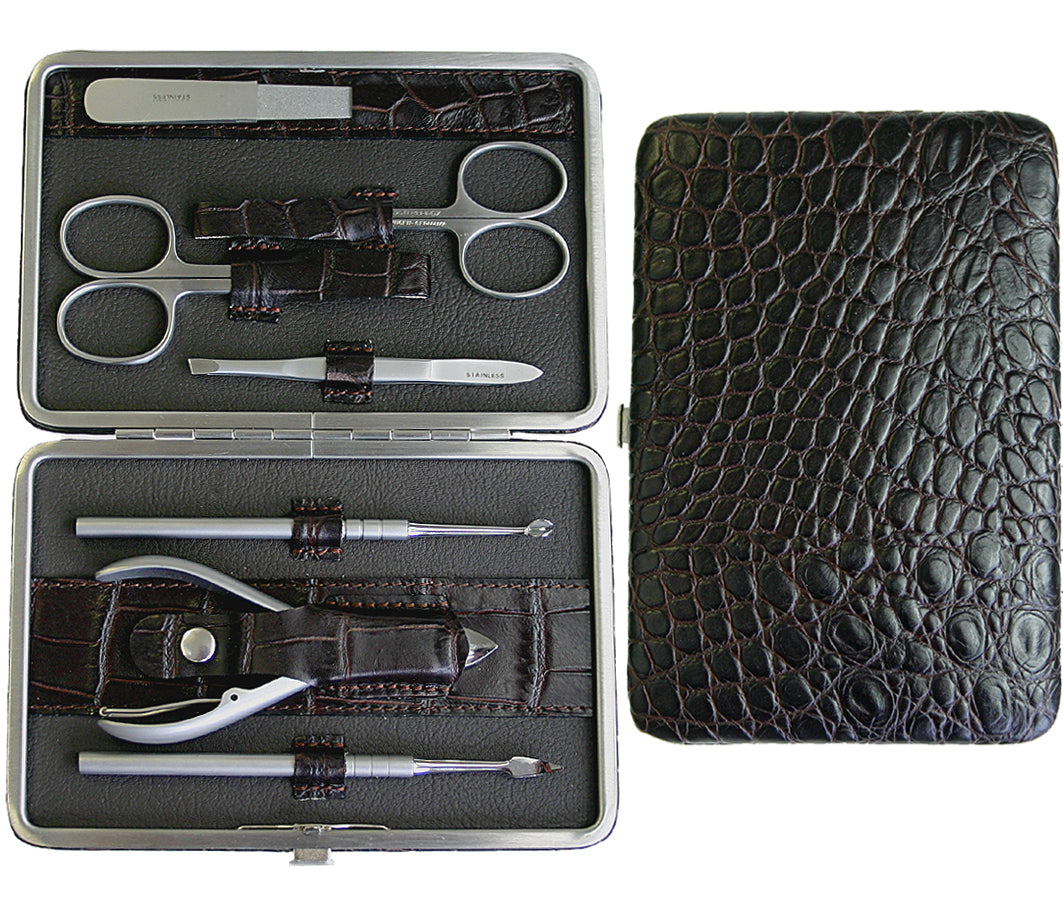RICHARD JÄGER 7-delig Manicure Set Manicure Etui Heren KROKOPRINT Leer INOX