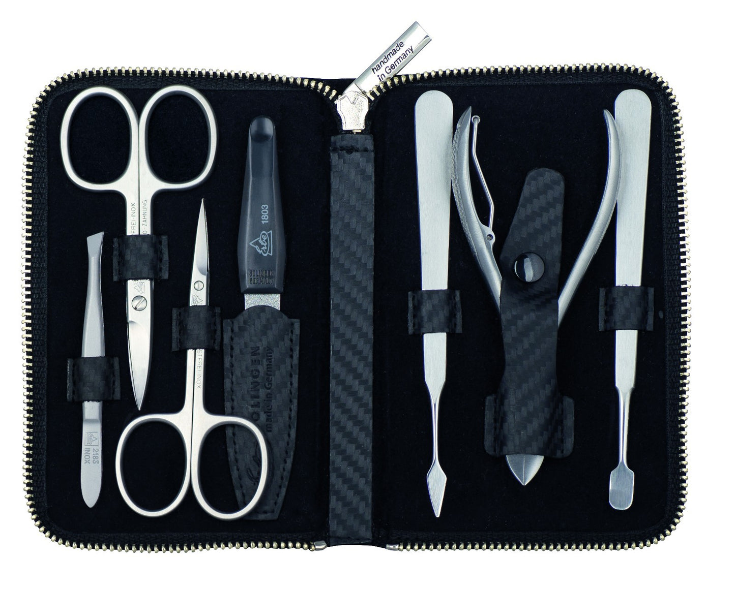 BECKERMANICURE Erbe Solingen 7-delt sett manikyr-etui serie CARBON herre skinn