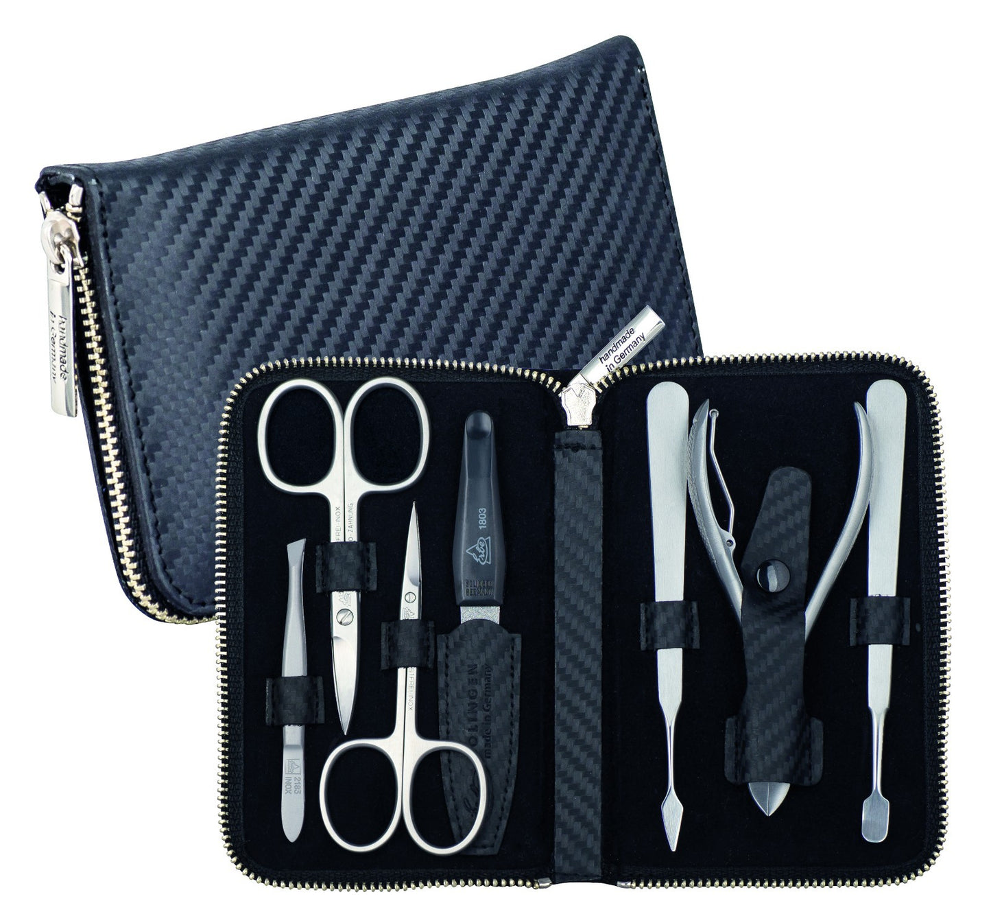 BECKERMANICURE Erbe Solingen 7-delt sett manikyr-etui serie CARBON herre skinn