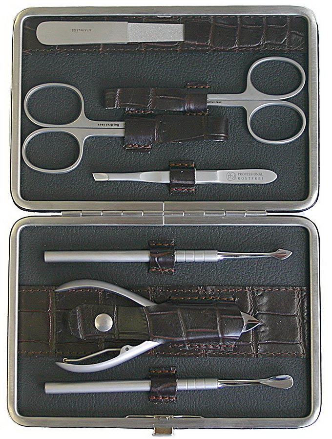 RICHARD JÄGER 7-delig Manicure Set Manicure Etui Heren KROKOPRINT Leer INOX