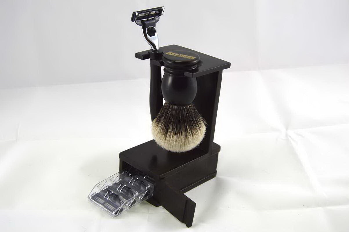 EBONY Shaving Set Brush Badger 2Band Silverspitz Razor Dr. Dittmar Germany