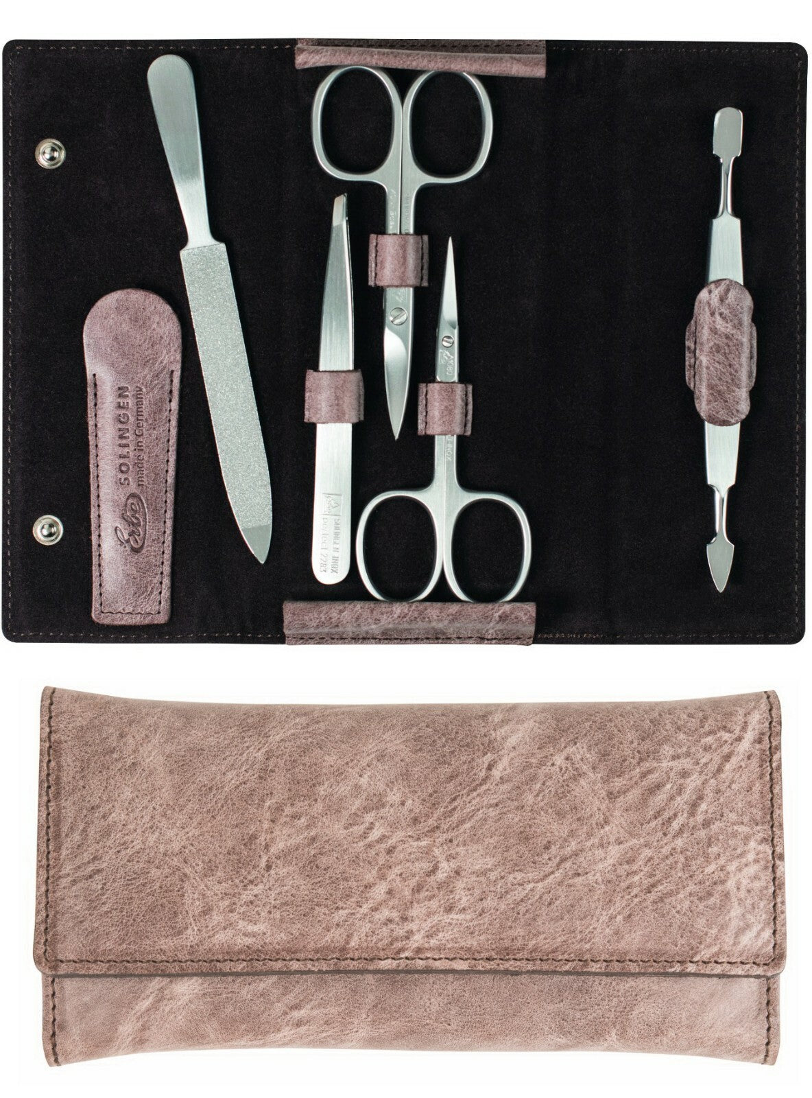 Manikyr Etui Deep Desert LÆR Taupe RUSTFRITT STÅL BECKERMANICURE Erbe Solingen