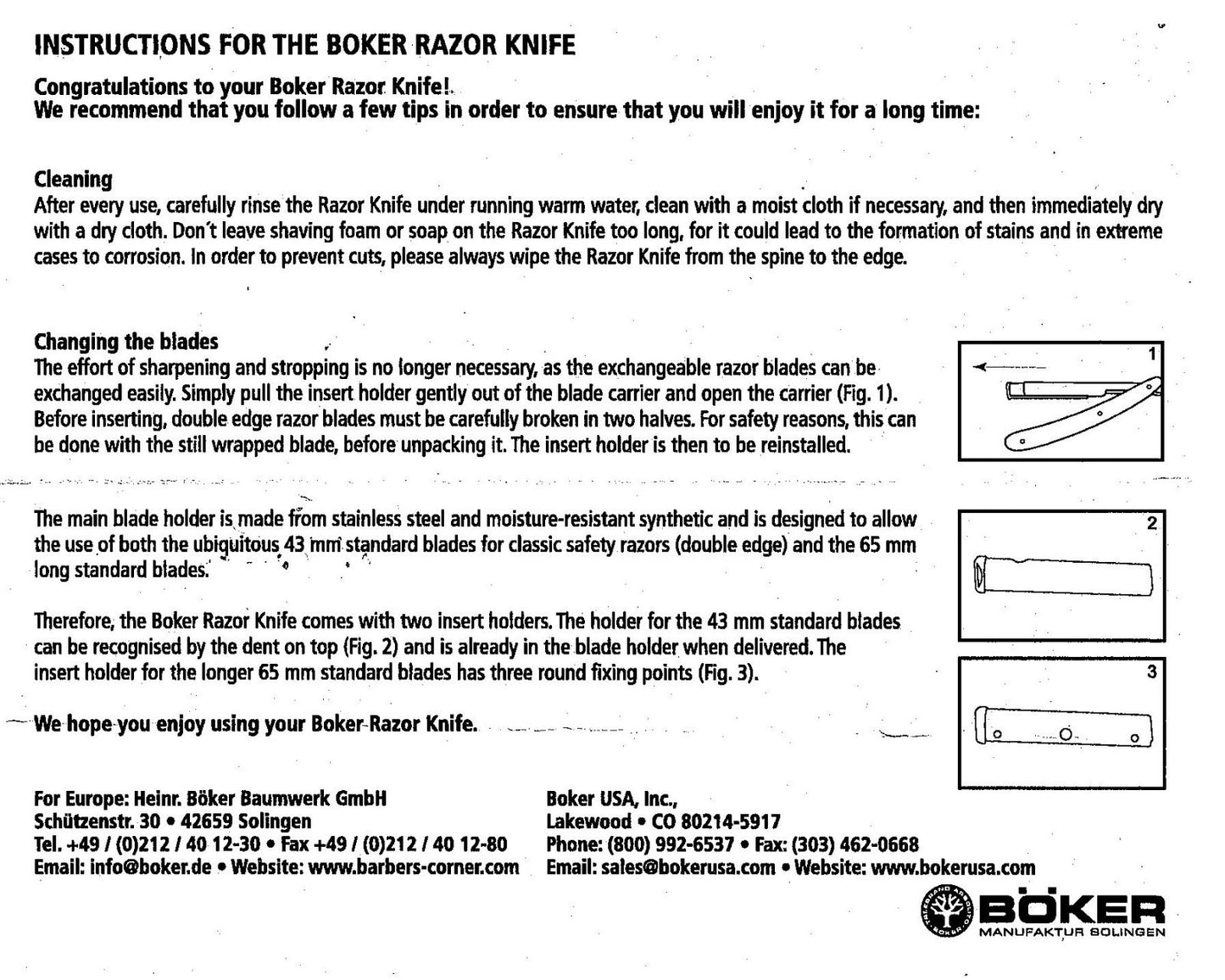 BÖKER BOKER Solingen barberkniv med oliventre for utskiftbare barberblader