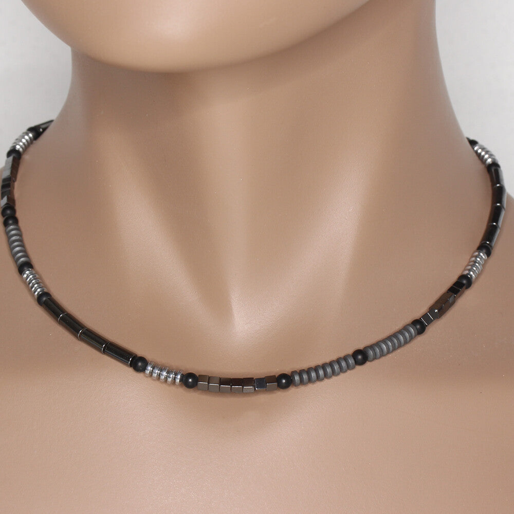 STAINLESS STEEL & ONYX & HEMATITE Beads NECKLACE Men's Chain Necklace STORK JEWELRY