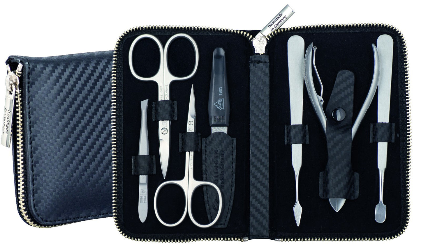 BECKERMANICURE Erbe Solingen 7-delt sett manikyr-etui serie CARBON herre skinn