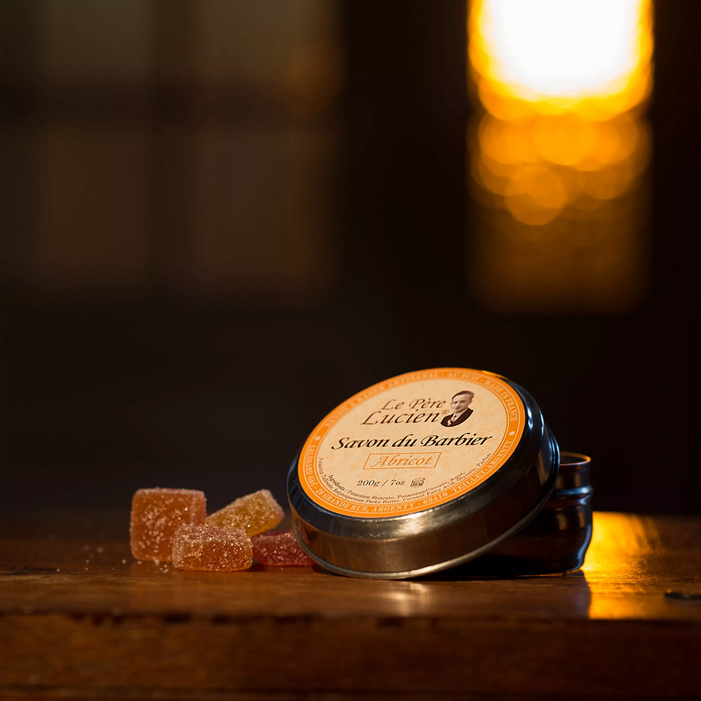 ABRICOT 200g Scheerzeep Le Père Lucien FRANKRIJK Abrikoos met talg & sheaboter