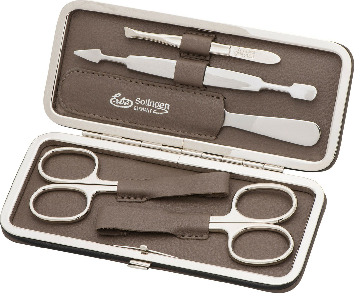 Erbe Solingen TAUPE ECHT LEDER Manicure Set Manicure Etui Heren BECKERMANICURE