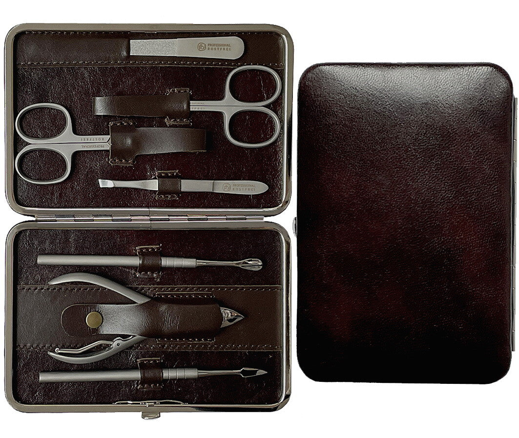 7-delig Manicure Etui LEDER SCHOKOBRAUN Roestvrij staal INOX Manicure Set RICHARD JÄGER