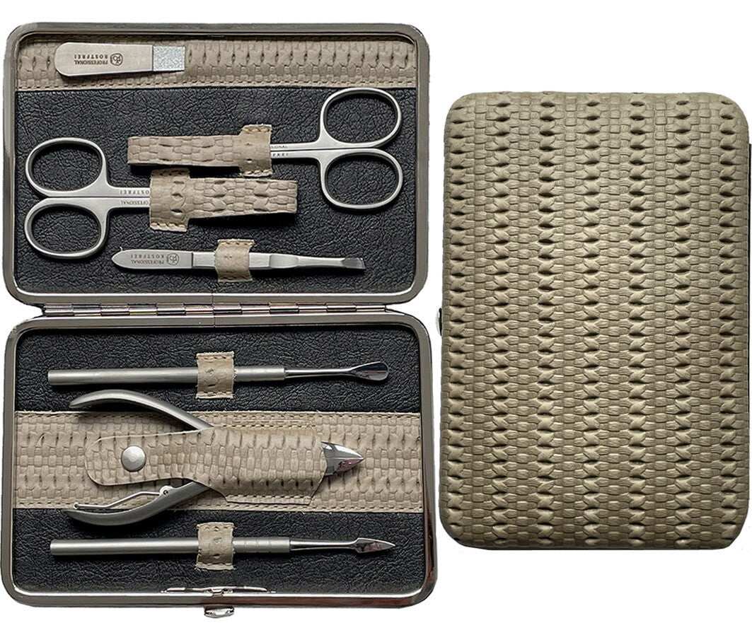 7 parçalı Manikür Seti gerçek DERİ ÖRGÜ DESENİ INOX Manikür Seti RICHARD JÄGER