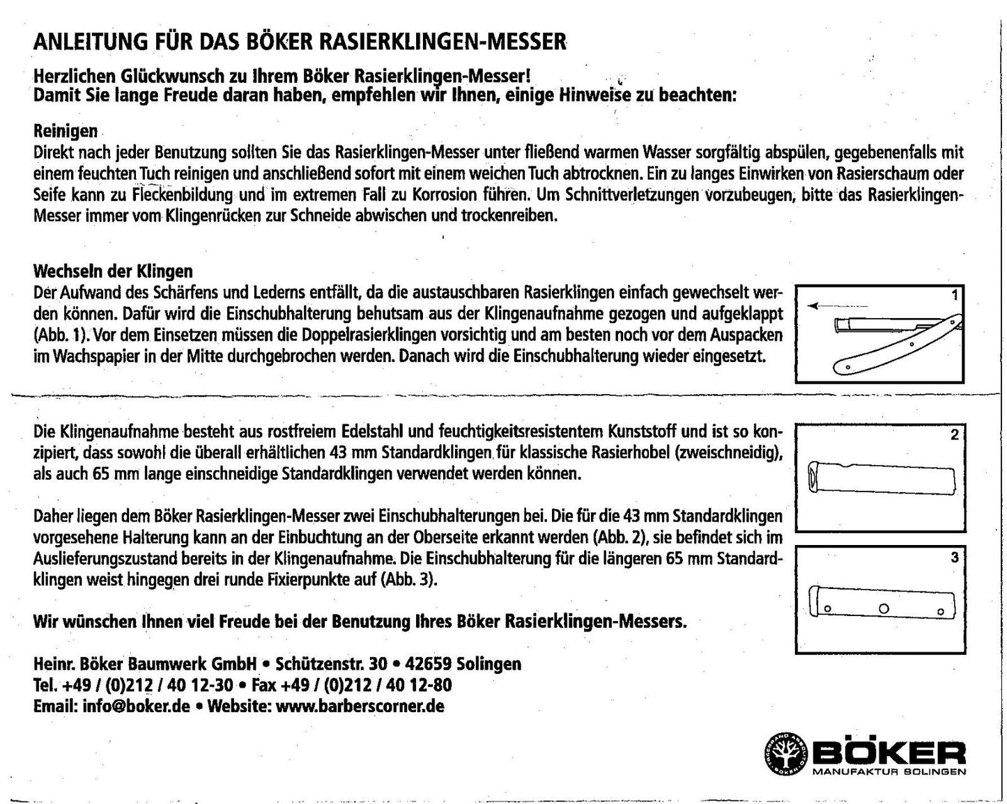 BÖKER BOKER Solingen barberkniv med oliventre for utskiftbare barberblader