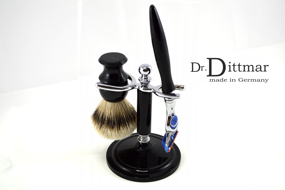 RASIERSET Premium Silberspitz grevlinghår barberkost ACRYL barberhøvel DR. DITTMAR