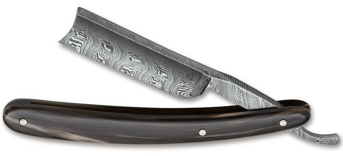 BÖKER 6/8 DAMASCUS HORN Straight Razor Horn Handle INOX Spanish Point BOKER Solingen