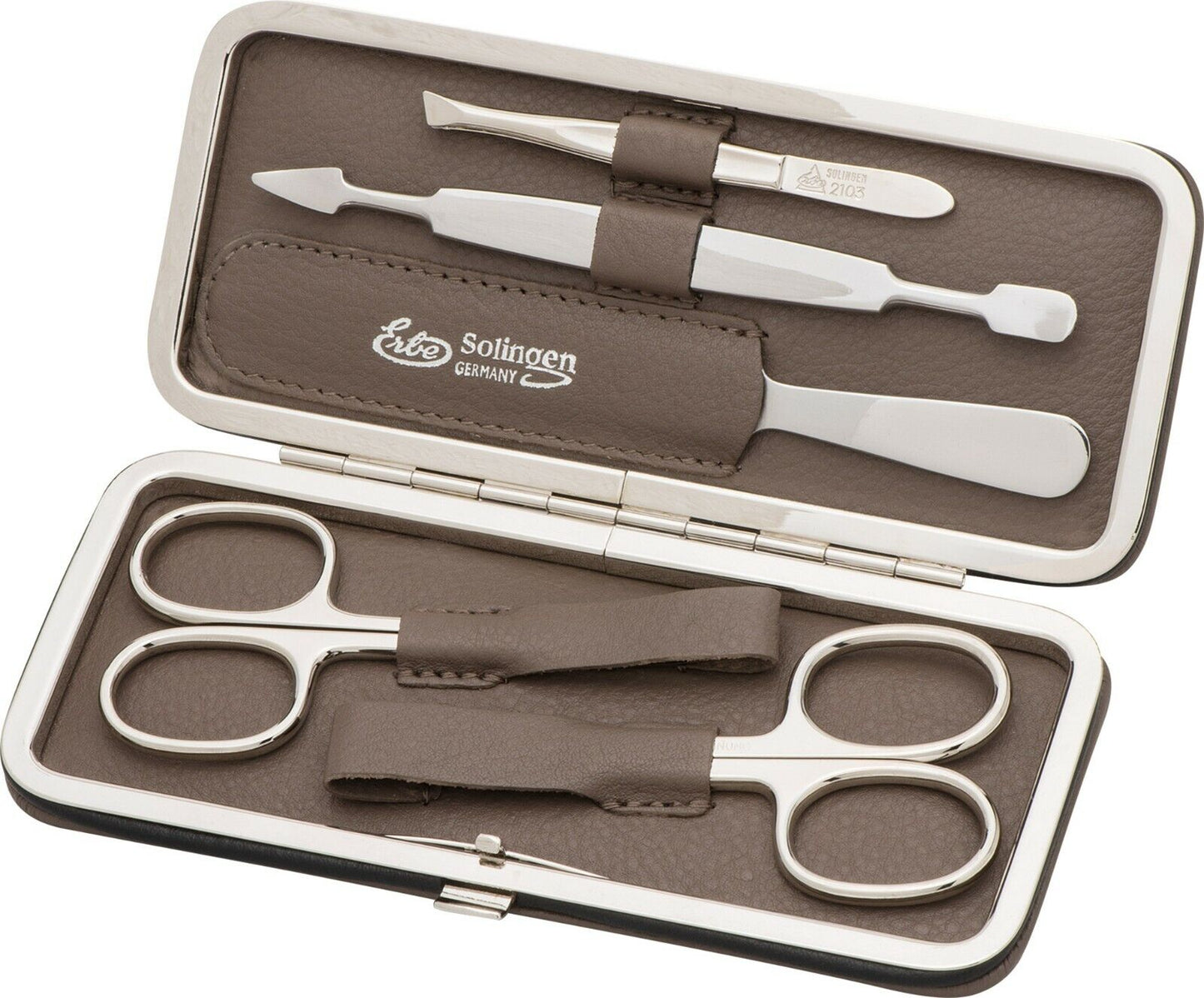 Erbe Solingen TAUPE ECHT LEDER Manicure Set Manicure Etui Heren BECKERMANICURE