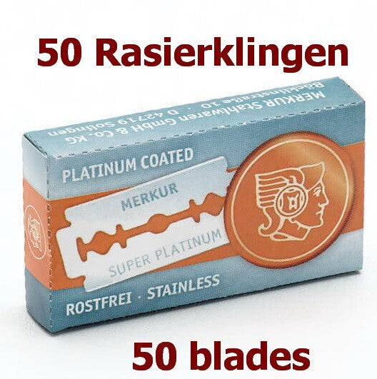 50 stk. barberblader MERKUR SUPER PLATINUM for barberhøvel & shavette RUSTFRITT