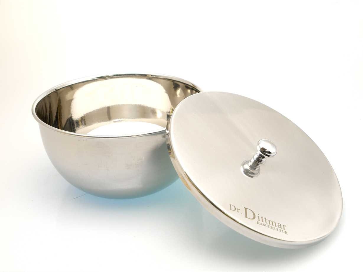EXTRA GROß קערת סבון גילוח מפלדת אל-חלד עם מכסה כולל סבון Dr. Dittmar גרמניה