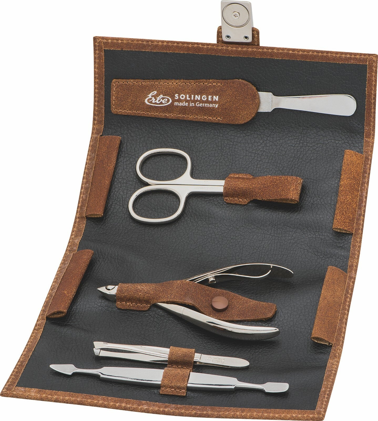 Estojo para unhas WICKELETUI em aço inoxidável, couro, alicate de cutícula BECKERMANICURE Erbe Solingen