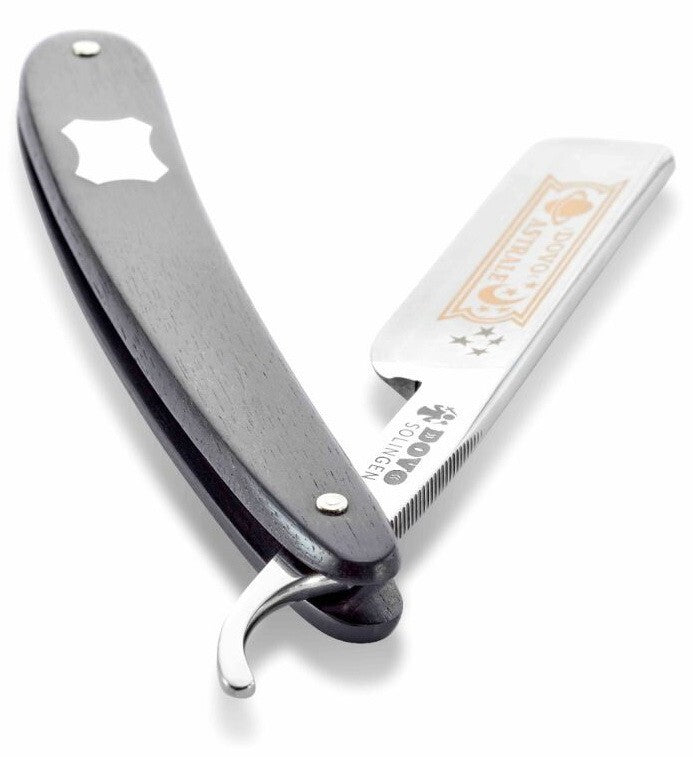 ASTRALE DOVO Solingen Germany มีดโกน 5/8" เหล็กกล้าคาร์บอน แกะสลักทอง ไม้เอบอนี